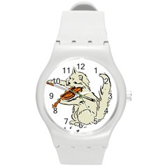 Cat Playing The Violin Art Round Plastic Sport Watch (m)