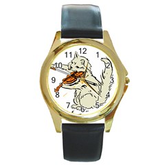 Cat Playing The Violin Art Round Gold Metal Watch