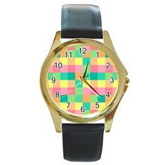 Checkerboard-pastel-squares- Round Gold Metal Watch