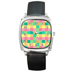 Checkerboard-pastel-squares- Square Metal Watch by Semog4