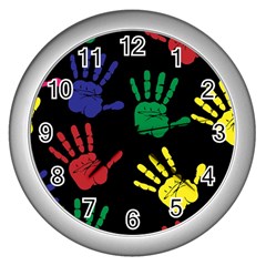 Handprints-hand-print-colourful Wall Clock (silver) by Semog4