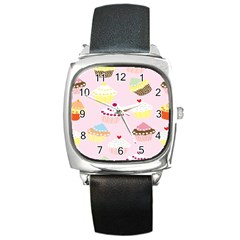 Cupcakes Wallpaper Paper Background Square Metal Watch by Semog4