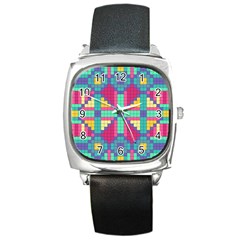 Checkerboard-squares-abstract--- Square Metal Watch by Semog4