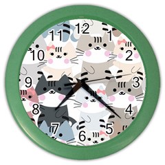 Cute Cat Couple Seamless Pattern Cartoon Color Wall Clock