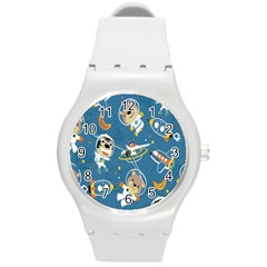 Seamless Pattern Funny Astronaut Outer Space Transportation Round Plastic Sport Watch (m) by Semog4