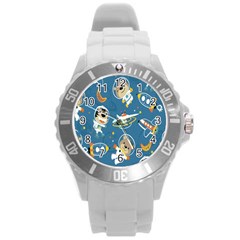 Seamless Pattern Funny Astronaut Outer Space Transportation Round Plastic Sport Watch (l) by Semog4