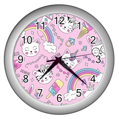 Beautiful Cute Animals Pattern Pink Wall Clock (silver) by Semog4