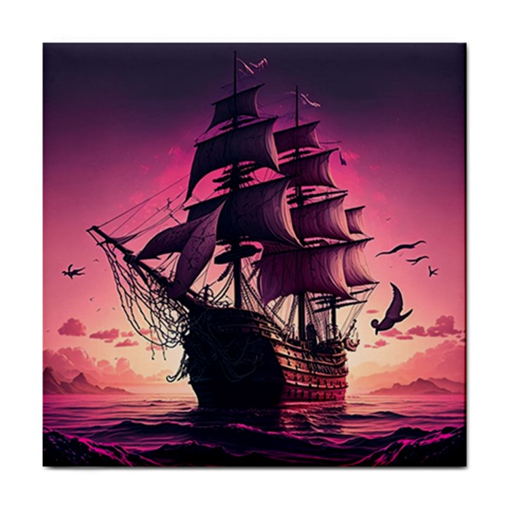 Ship Pirate Adventure Landscape Ocean Sun Heaven Tile Coaster