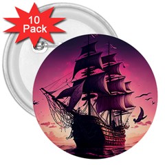 Ship Pirate Adventure Landscape Ocean Sun Heaven 3  Buttons (10 pack) 