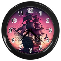 Ship Pirate Adventure Landscape Ocean Sun Heaven Wall Clock (Black)