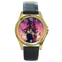 Ship Pirate Adventure Landscape Ocean Sun Heaven Round Gold Metal Watch