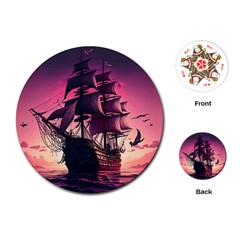 Ship Pirate Adventure Landscape Ocean Sun Heaven Playing Cards Single Design (Round)