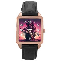 Ship Pirate Adventure Landscape Ocean Sun Heaven Rose Gold Leather Watch 