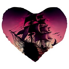 Ship Pirate Adventure Landscape Ocean Sun Heaven Large 19  Premium Flano Heart Shape Cushions