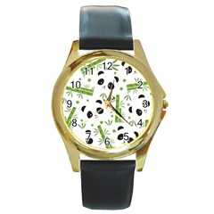 Giant Panda Bear Green Bamboo Round Gold Metal Watch by Salman4z