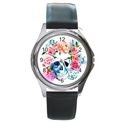 Day Of The Dead Skull Art Round Metal Watch by Salman4z