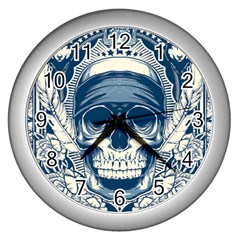 Skull Drawing Wall Clock (Silver)