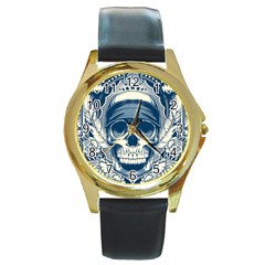 Skull Drawing Round Gold Metal Watch by Salman4z