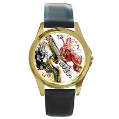 Electric Guitar Grunge Round Gold Metal Watch by Salman4z