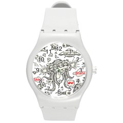 Drawing Clip Art Hand Painted Abstract Creative Space Squid Radio Round Plastic Sport Watch (m) by Salman4z