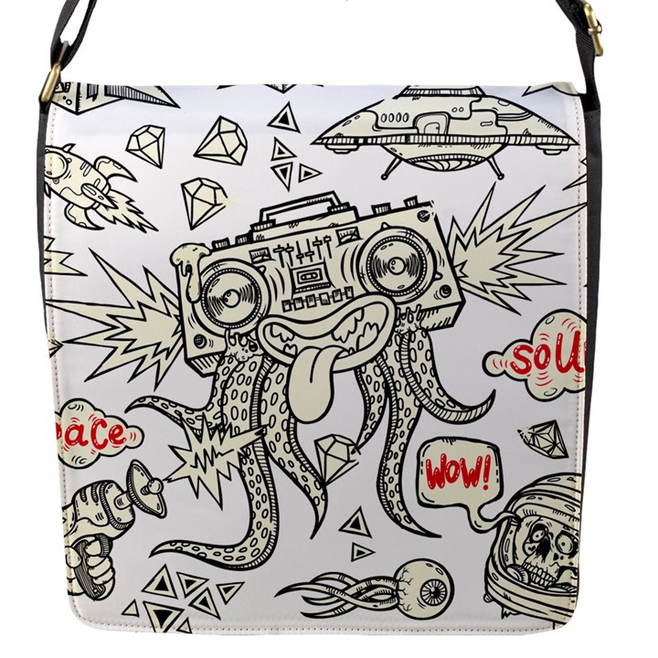 Drawing Clip Art Hand Painted Abstract Creative Space Squid Radio Flap Closure Messenger Bag (S)