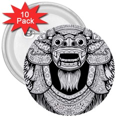 Balinese Art Barong Drawing Bali White Background People 3  Buttons (10 Pack)  by Salman4z