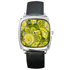 Doodles Patterns Ornament Vector Flowers Green Square Metal Watch by Salman4z