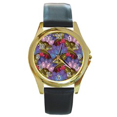 Purple Red And Green Flowers Digital Wallpaper Patterns Ornament Round Gold Metal Watch by Salman4z