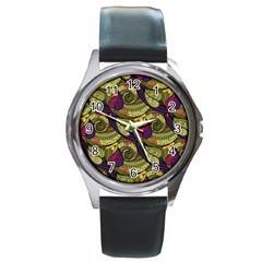 Pattern Vector Texture Style Garden Drawn Hand Floral Round Metal Watch by Salman4z