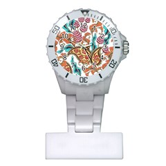 Flowers Pattern Texture White Background Paisley Plastic Nurses Watch by Salman4z