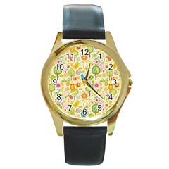 Nature Doodle Art Trees Birds Owl Children Pattern Multi Colored Round Gold Metal Watch by Salman4z