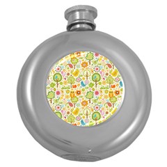 Nature Doodle Art Trees Birds Owl Children Pattern Multi Colored Round Hip Flask (5 Oz) by Salman4z