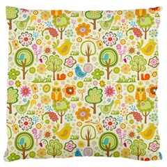 Nature Doodle Art Trees Birds Owl Children Pattern Multi Colored Large Cushion Case (one Side) by Salman4z