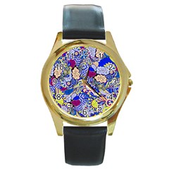 Blue Yellow Background Pattern Vector Texture Paisley Round Gold Metal Watch by Salman4z