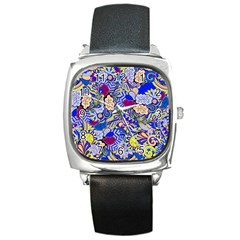 Blue Yellow Background Pattern Vector Texture Paisley Square Metal Watch by Salman4z