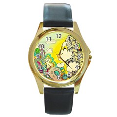 Doodle Wallpaper Artistic Surreal Round Gold Metal Watch by Salman4z