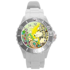 Doodle Wallpaper Artistic Surreal Round Plastic Sport Watch (l) by Salman4z