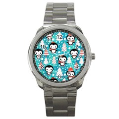 Blue Penguin Pattern Christmas Sport Metal Watch