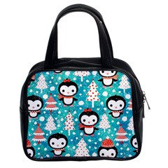 Blue Penguin Pattern Christmas Classic Handbag (two Sides)