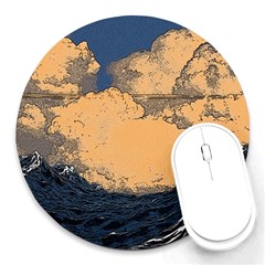 Waves Aesthetic Ocean Retro Sea Vintage Round Mousepad by Salman4z