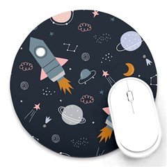 Space Background Illustration With Stars And Rocket Seamless Vector Pattern Round Mousepad by Salman4z