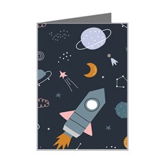 Space Background Illustration With Stars And Rocket Seamless Vector Pattern Mini Greeting Card by Salman4z