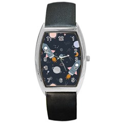 Space Background Illustration With Stars And Rocket Seamless Vector Pattern Barrel Style Metal Watch by Salman4z