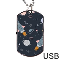 Space Background Illustration With Stars And Rocket Seamless Vector Pattern Dog Tag Usb Flash (two Sides) by Salman4z