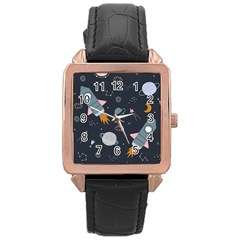 Space Background Illustration With Stars And Rocket Seamless Vector Pattern Rose Gold Leather Watch  by Salman4z