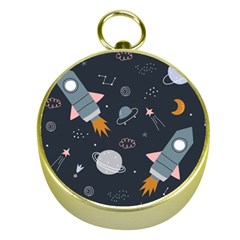 Space Background Illustration With Stars And Rocket Seamless Vector Pattern Gold Compasses