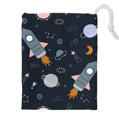 Space Background Illustration With Stars And Rocket Seamless Vector Pattern Drawstring Pouch (5xl) by Salman4z