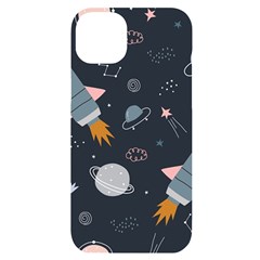 Space Background Illustration With Stars And Rocket Seamless Vector Pattern Iphone 14 Plus Black Uv Print Case by Salman4z