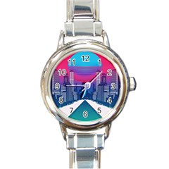 Retro Cityscape Artist Artwork Digital Art Round Italian Charm Watch by Salman4z