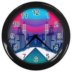 Retro Cityscape Artist Artwork Digital Art Wall Clock (black) by Salman4z